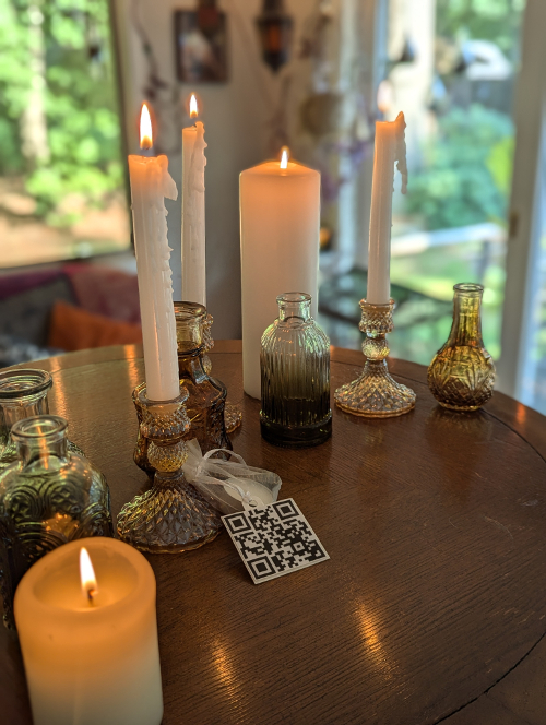A wedding favor for guests with a QR Code they can use to share photos
